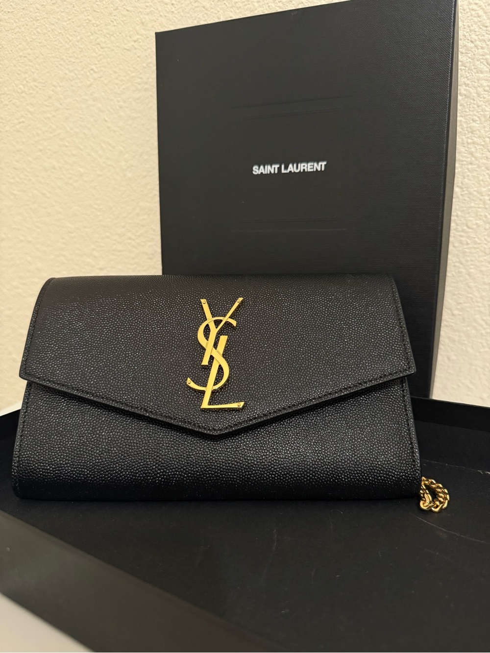Saint Laurent Black Envelope Wallet on Chain with Gold Logo